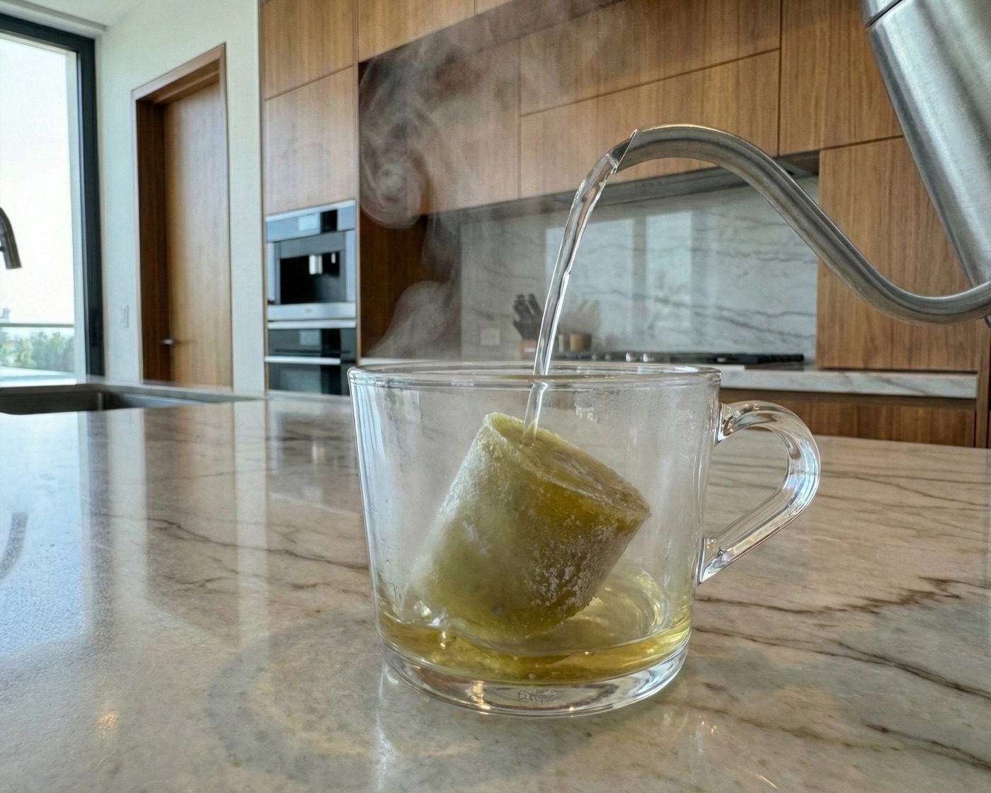 Pour water over the tea pod